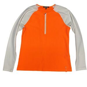 #7947 Lauren Ralph Orange and White 1/2 Zip Waffle weave top Pullover Size L